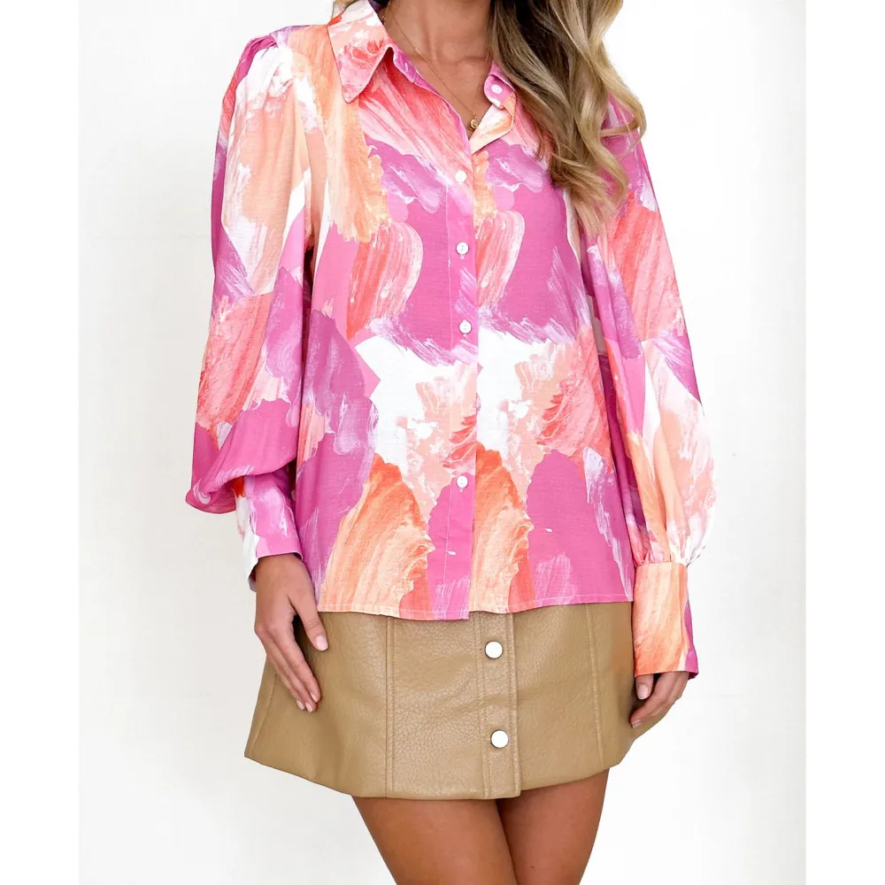 Women Printing Shirt Turn Down Collar Single Breasted Casual Long Sleeve Blouses for Daily Wear Pink L