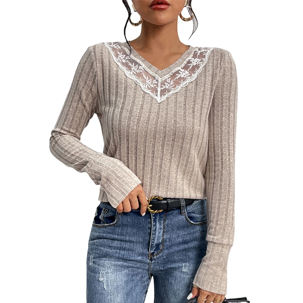 Women Sweater V Neck Long Sleeves Collar Lace Cuff Button Loose Fit Knit Pullover Knitwear for Winter Fall Khaki S