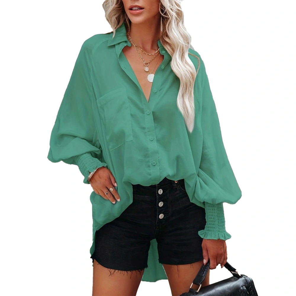 Women Long Tunic Shirt Front Pocket Long Sleeve Fashionable Women Button Up Oversized Shirt Green XXL