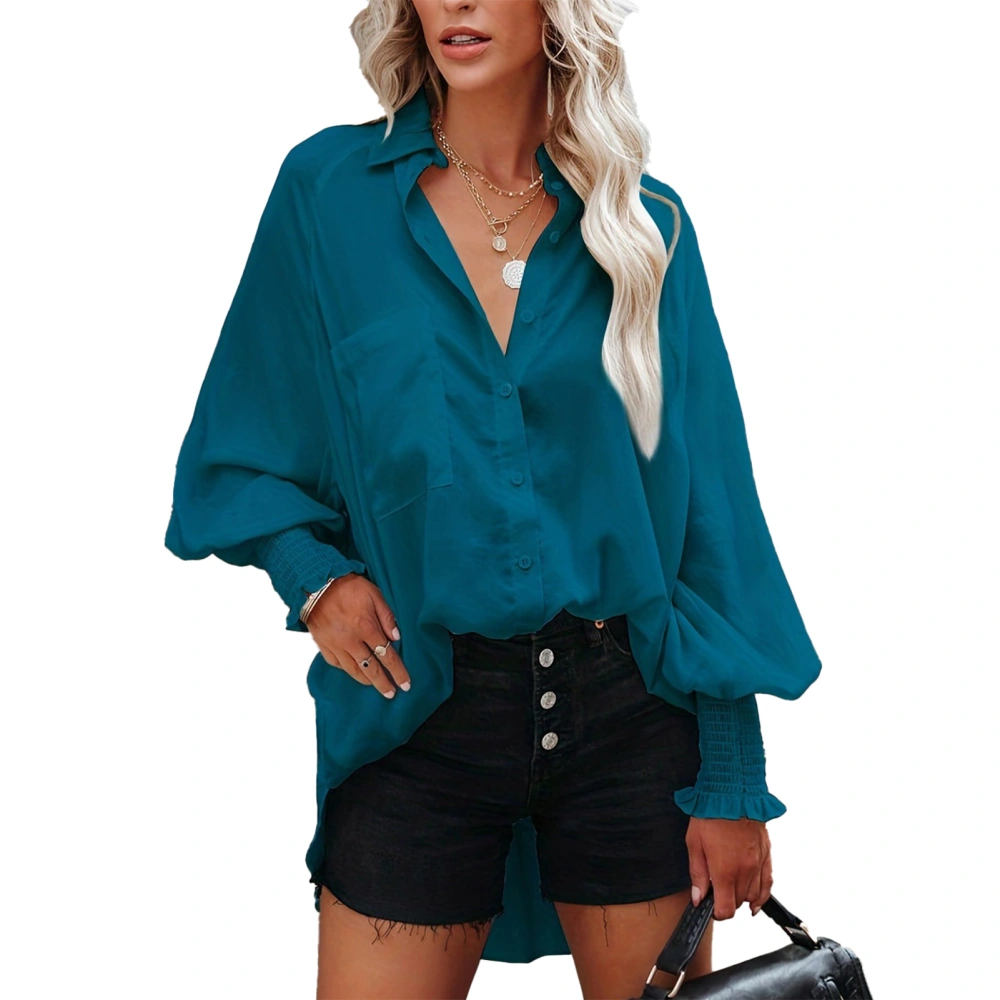 Women Long Tunic Shirt Front Pocket Long Sleeve Fashionable Women Button Up Oversized Shirt Peacock Blue L