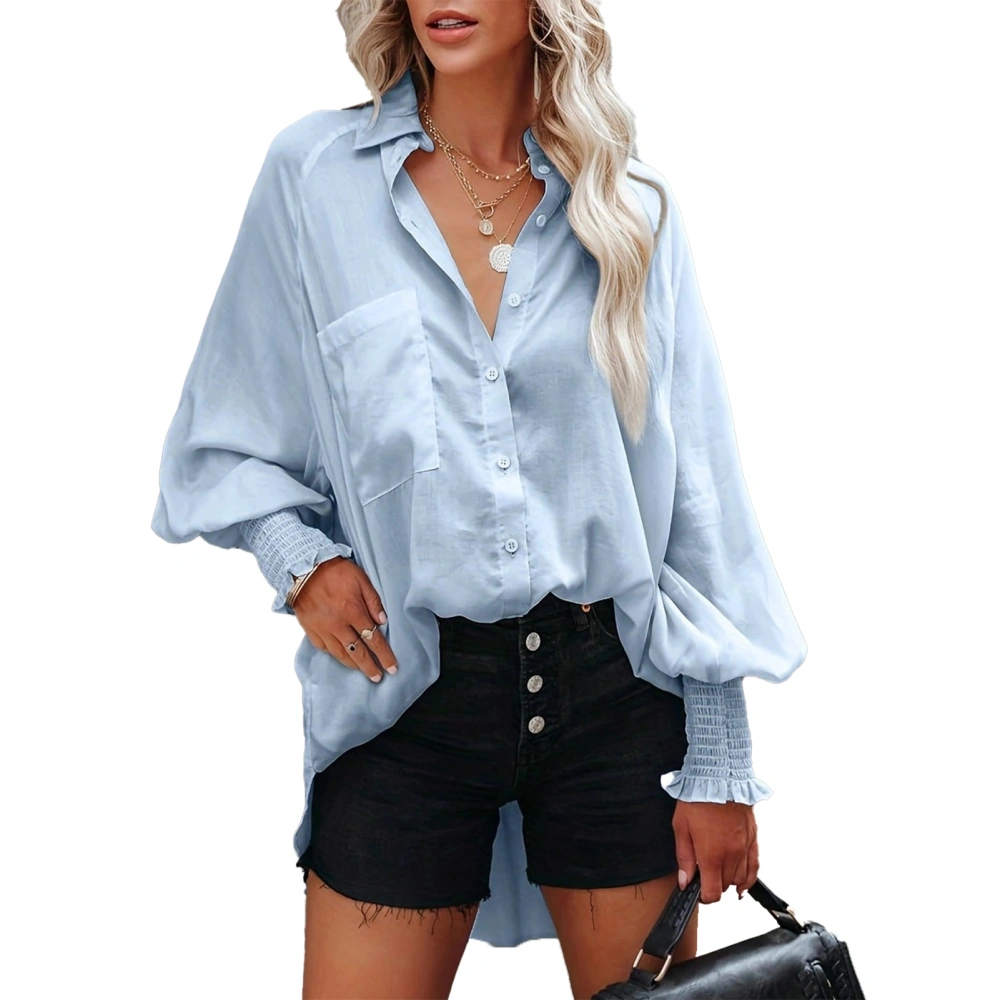 Women Long Tunic Shirt Front Pocket Long Sleeve Fashionable Women Button Up Oversized Shirt Sky Blue XL