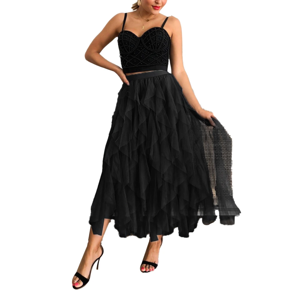 Women Tulle Skirt Calf Length Elastic High Waist Irregular Hem Lace Tiered Skirt for Parties Black L