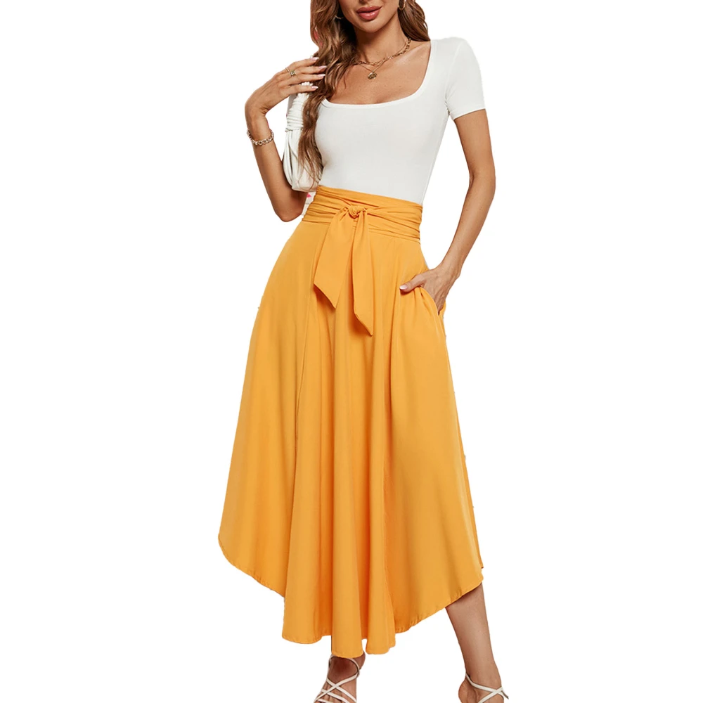 Women High Waist Skirt Side Split Back Zipper Closure Belted Long Skirt for Summer Wear Orange M