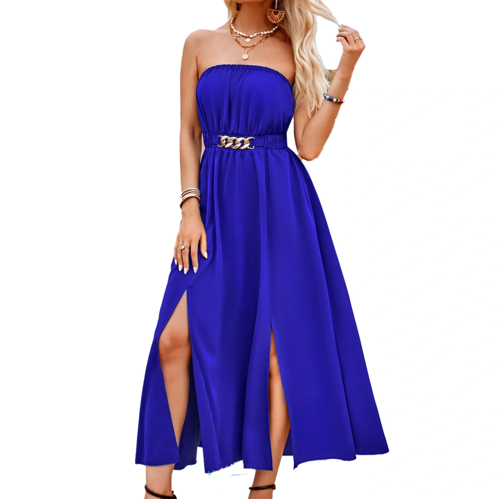 Women Strapless Long Maxi Dress Shirred Waist Metal Chain Decor Split Hem Flowy Tube Midi Dress Royalblue XL