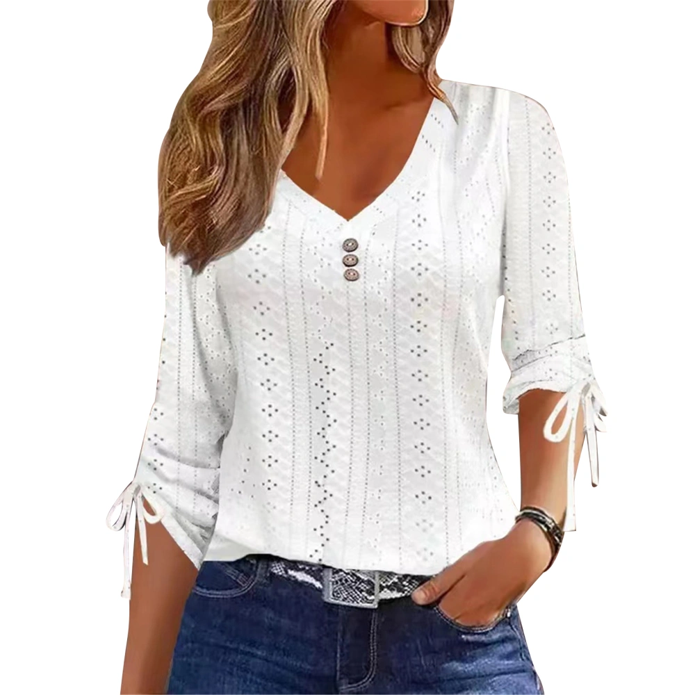 Women V Neck Casual Blouse Sleeve Tie V Neck Button Decor Blouse Sleeve Drawstring Stylish Top White XXL