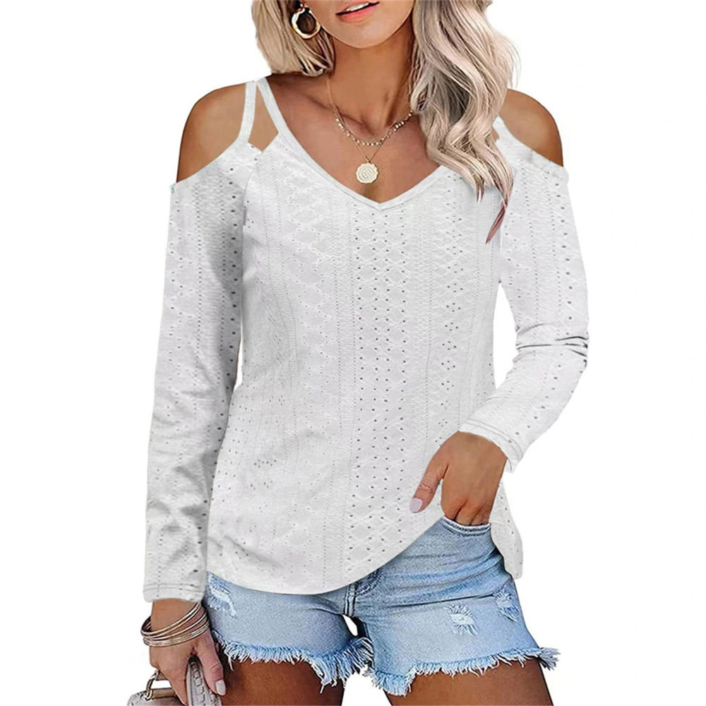 Women Cold Shoulder Solid Blouse V Neck Cold Shoulder Double Strap Hollow Blouse Long Sleeve Pure Color Casual Top White S