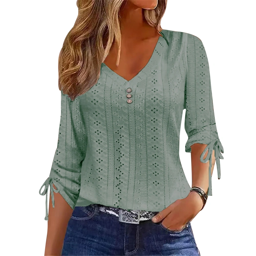 Women V Neck Casual Blouse Sleeve Tie V Neck Button Decor Blouse Sleeve Drawstring Stylish Top Green 3XL