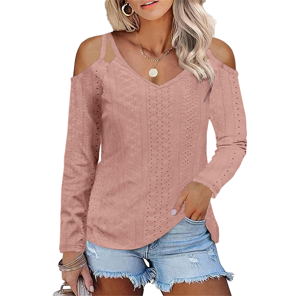 Women Cold Shoulder Solid Blouse V Neck Cold Shoulder Double Strap Hollow Blouse Long Sleeve Pure Color Casual Top Pink XXL