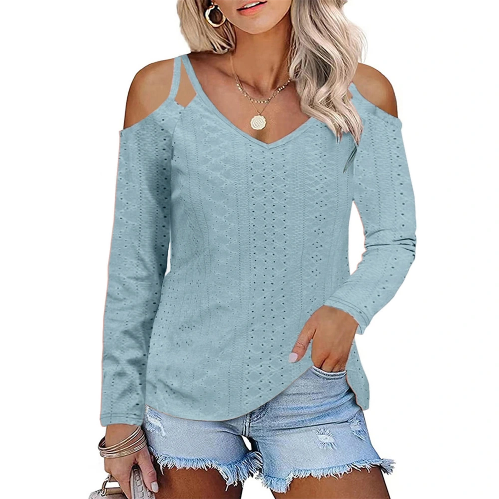 Women Cold Shoulder Solid Blouse V Neck Cold Shoulder Double Strap Hollow Blouse Long Sleeve Pure Color Casual Top Blue L