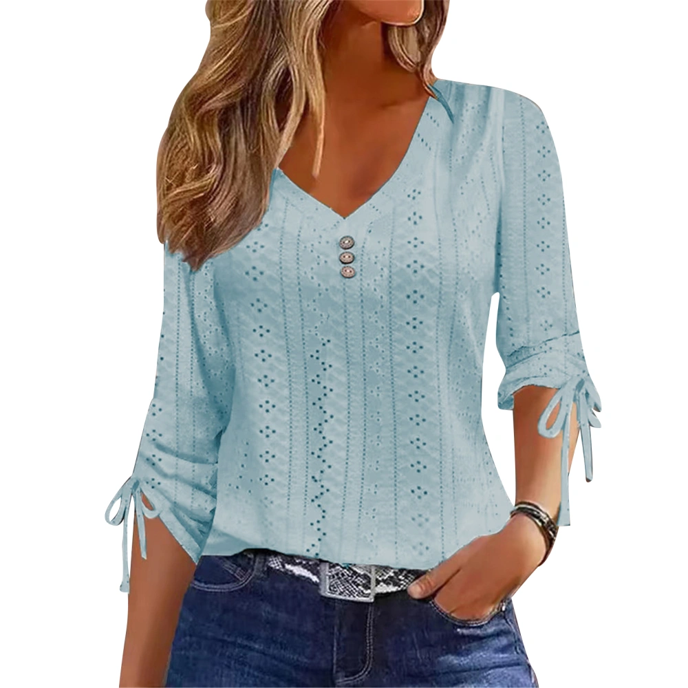 Women V Neck Casual Blouse Sleeve Tie V Neck Button Decor Blouse Sleeve Drawstring Stylish Top Blue M