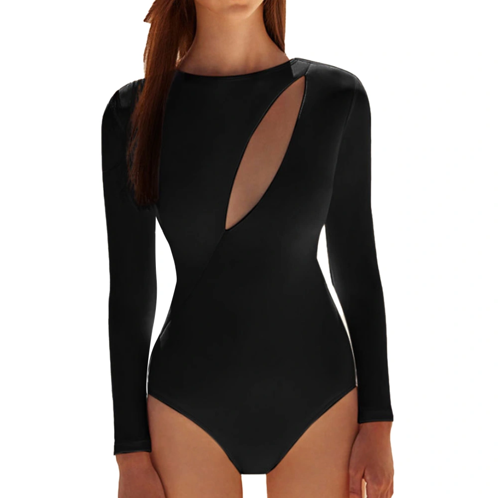 Women One Piece Swimsuit Long Sleeve Round Neck Hallow for Beach Surfing Hot Spring Sunbath Black S