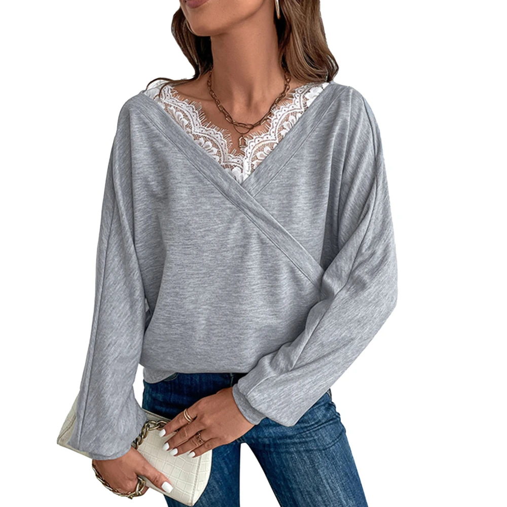 Women Long Sleeves Top V Neck Lace Neckline Loose Fitting Casual Pullover Top for Outdoors Light Gray M