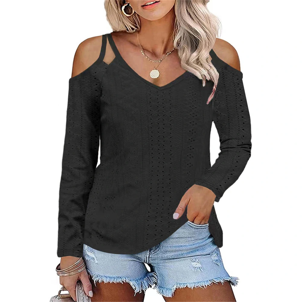 Women Cold Shoulder Solid Blouse V Neck Cold Shoulder Double Strap Hollow Blouse Long Sleeve Pure Color Casual Top Black XXL