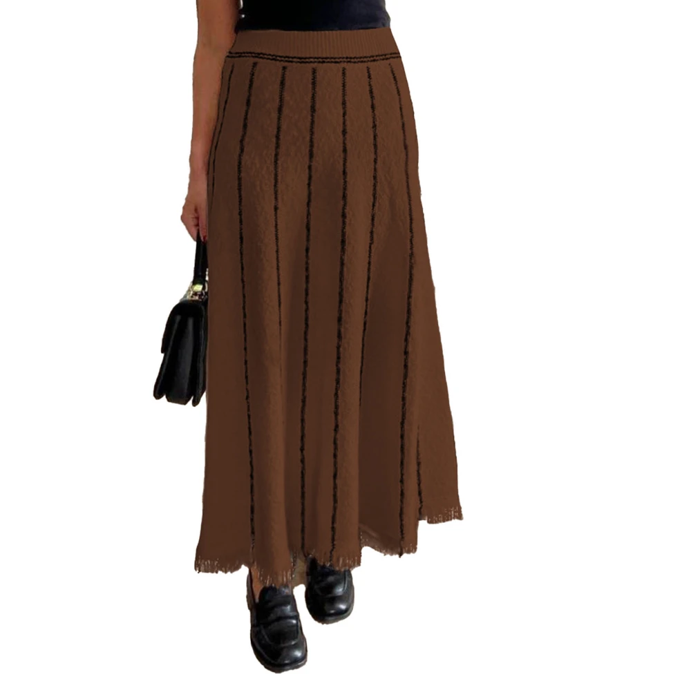 Women Knitted Maxi Skirt Vertical Stripes High Waist Tassels Hem Thickened A Line Skirt Coffee L