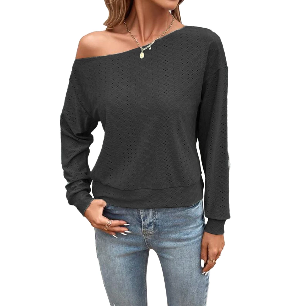 Women One Shoulder Blouse Long Sleeve Plain Color Casual Fitted One Shoulder Blouse for Daily Life Black L