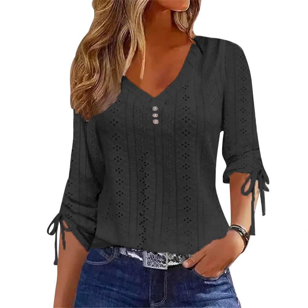 Women V Neck Casual Blouse Sleeve Tie V Neck Button Decor Blouse Sleeve Drawstring Stylish Top Black M