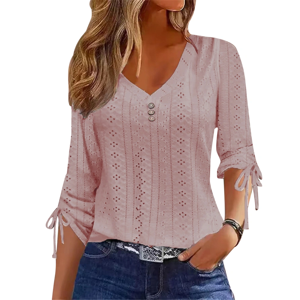 Women V Neck Casual Blouse Sleeve Tie V Neck Button Decor Blouse Sleeve Drawstring Stylish Top Pink 3XL