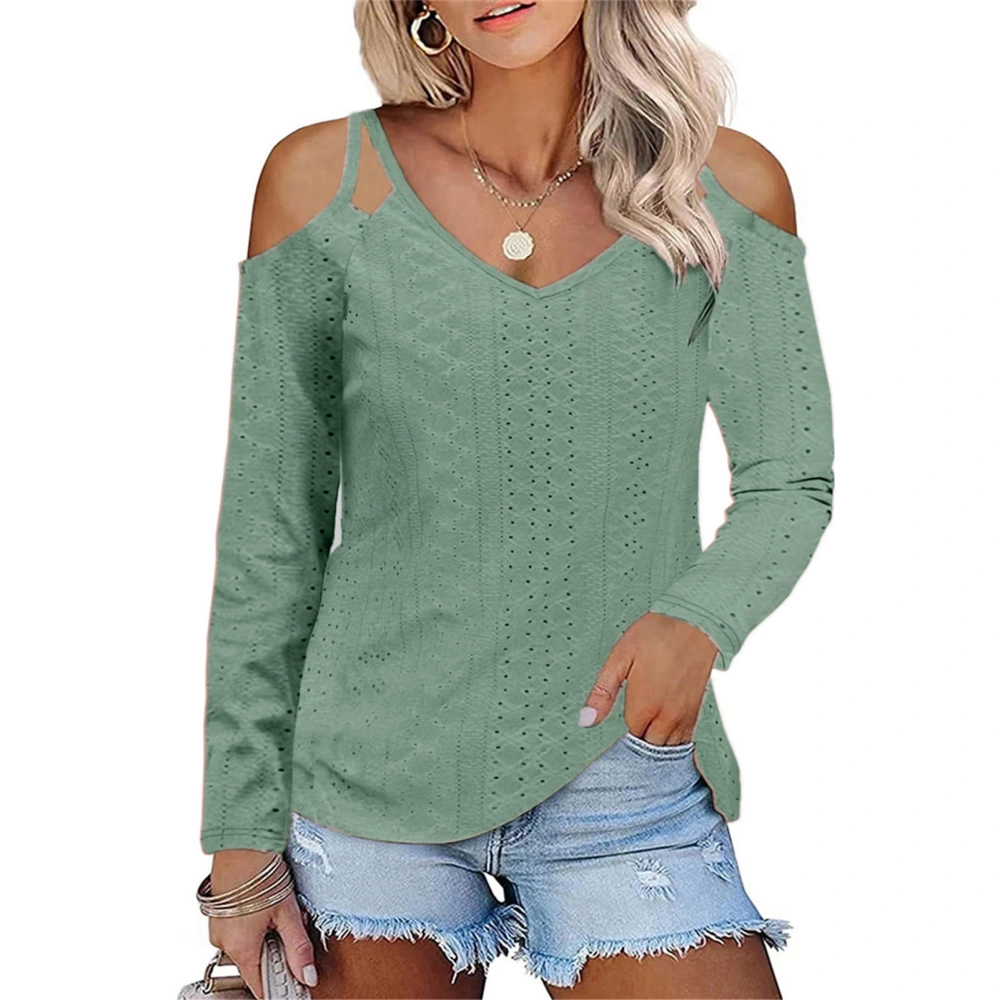 Women Cold Shoulder Solid Blouse V Neck Cold Shoulder Double Strap Hollow Blouse Long Sleeve Pure Color Casual Top Green L