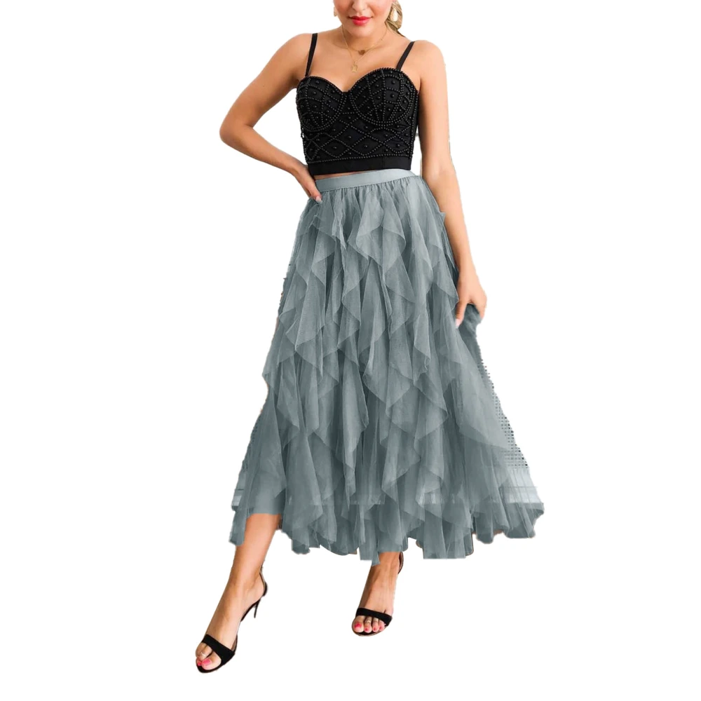 Women Tulle Skirt Calf Length Elastic High Waist Irregular Hem Lace Tiered Skirt for Parties Grey XL