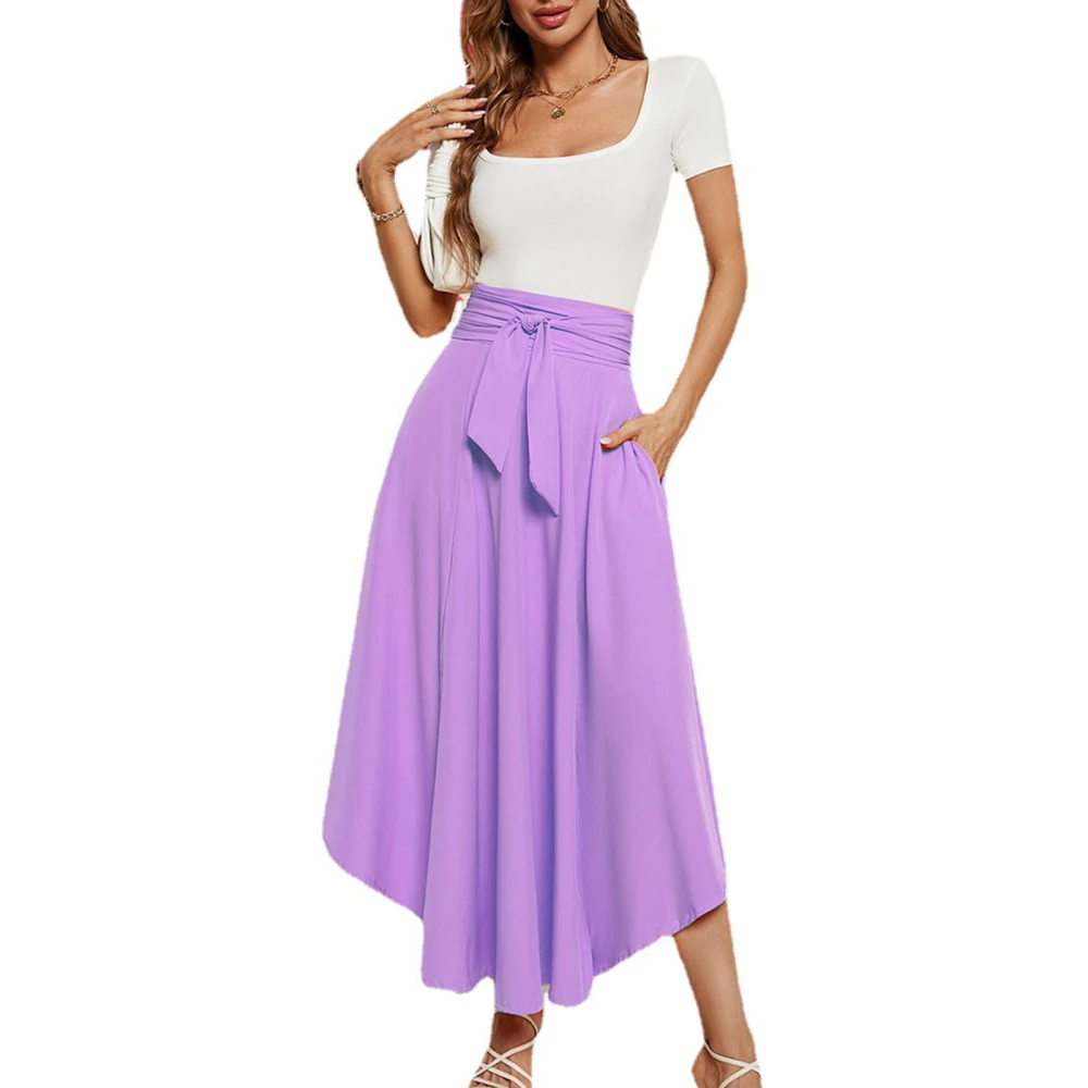 Women High Waist Skirt Side Split Back Zipper Closure Belted Long Skirt for Summer Wear Light Purple XL