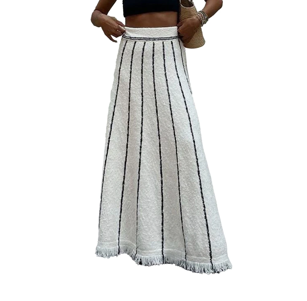 Women Knitted Maxi Skirt Vertical Stripes High Waist Tassels Hem Thickened A Line Skirt White S