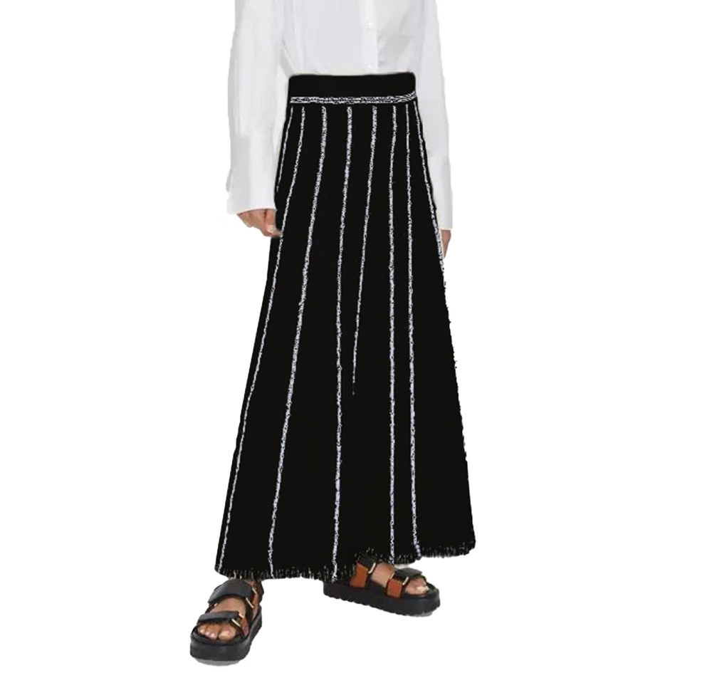 Women Knitted Maxi Skirt Vertical Stripes High Waist Tassels Hem Thickened A Line Skirt Black XL