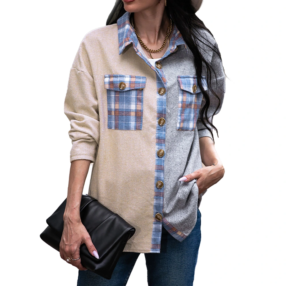 Women Button Up Plaid Shirt Color Blocking Long Sleeve Loose Fit Turn Down Collar Top with Pockets Apricot M