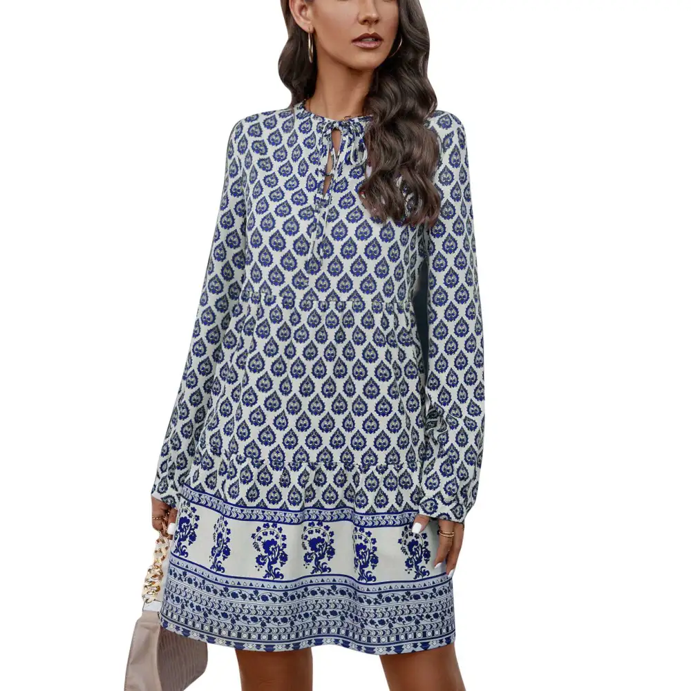 Womens Fall Dress Lace Up Crew Neck Long Sleeve Printed Hollow Short Dress for Dating Work Blue M