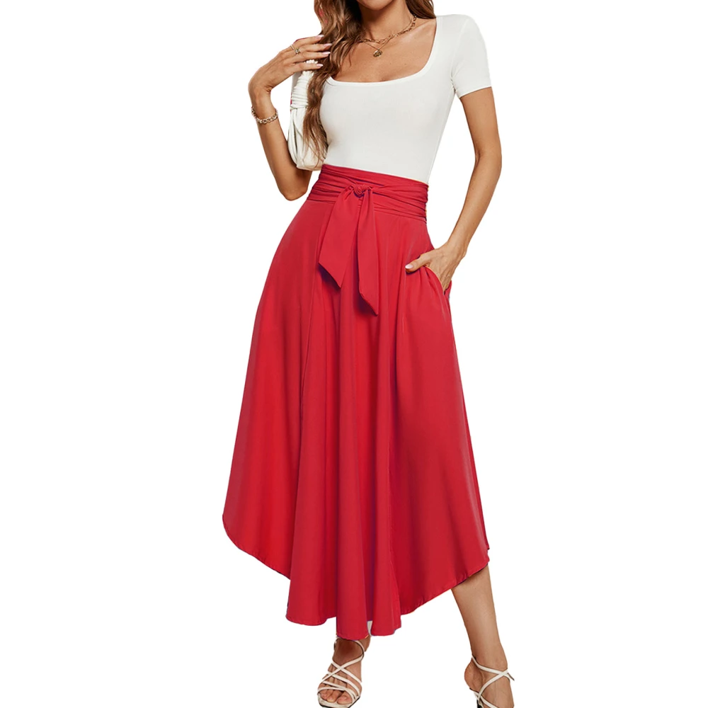 Women High Waist Skirt Side Split Back Zipper Closure Belted Long Skirt for Summer Wear Red S