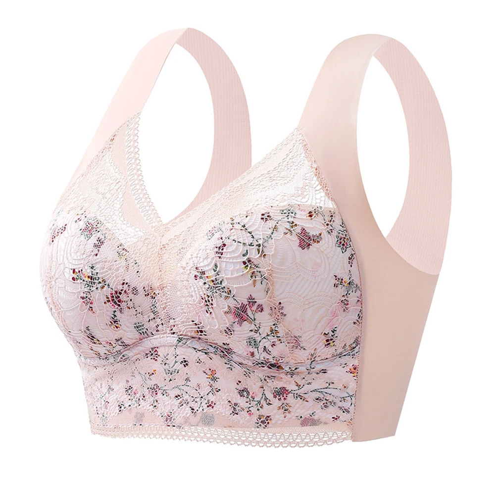 Women Lace Floral Print Bralette Wide Straps Short Type Slim Fit Wireless Bra for Summer Wear Skin Color L(50‑60kg / 110‑132lb)