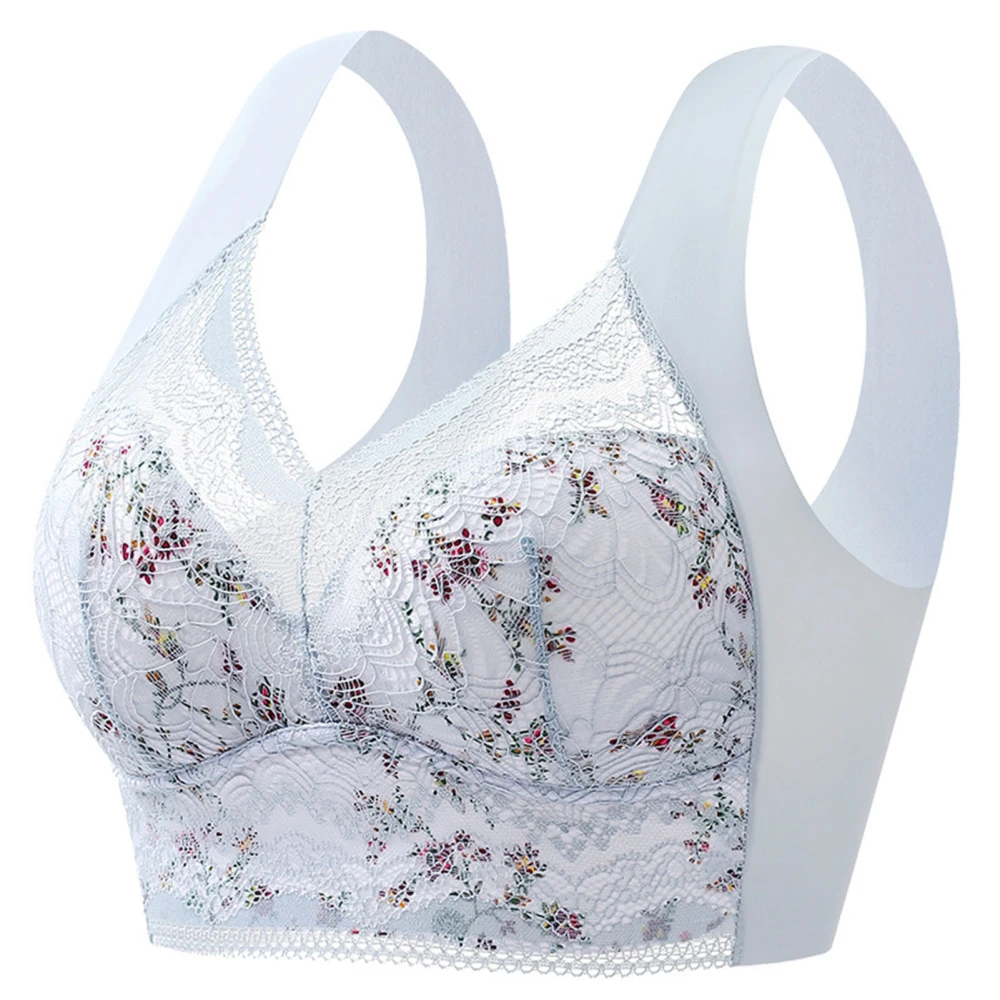 Women Lace Floral Print Bralette Wide Straps Short Type Slim Fit Wireless Bra for Summer Wear Light Blue L(50‑60kg / 110‑132lb)