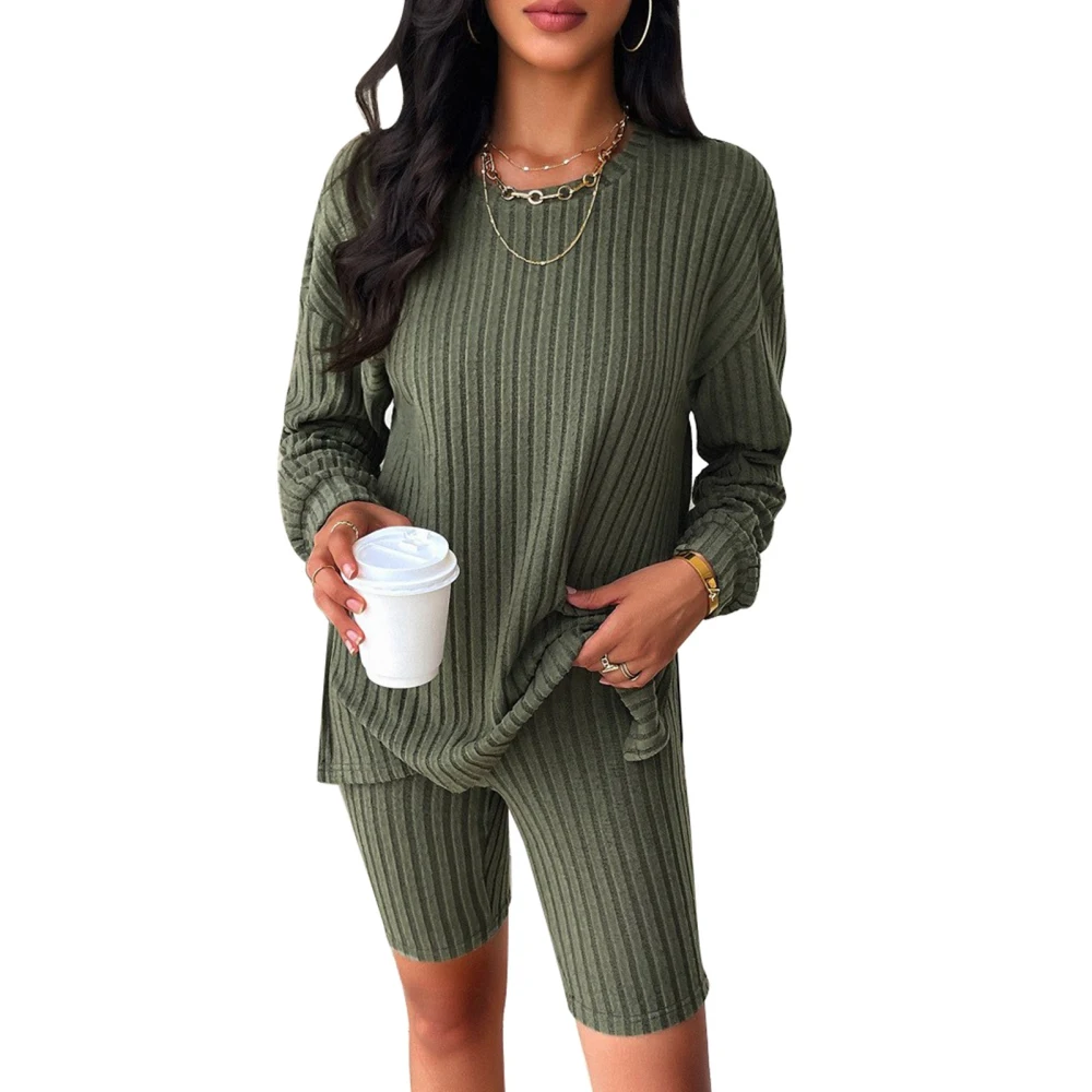 Women Long Sleeve Top Shorts Set Crew Neck Striped Two Piece Outfit Loungewear Set OD Green S