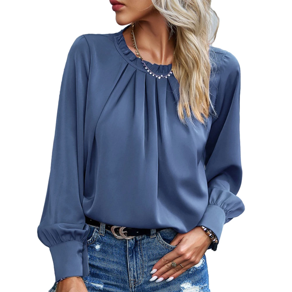 Women Ruffle Trim Neckline Shirt Long Sleeves Loose Fitting Casual Pleated Blouse for Daily Wear Blue S