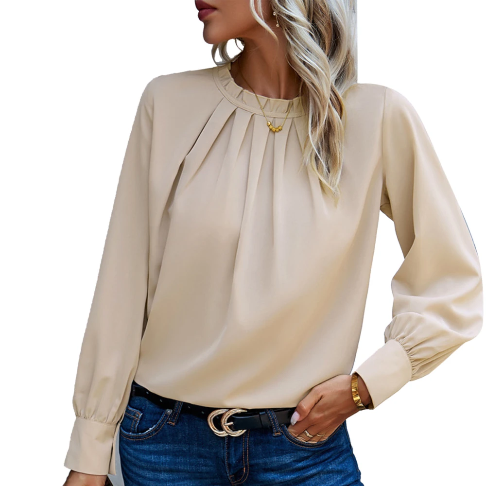 Women Ruffle Trim Neckline Shirt Long Sleeves Loose Fitting Casual Pleated Blouse for Daily Wear Khaki L