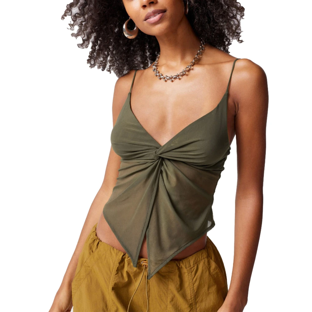 Women Slim Fit Twist Front Camisole Sheer Mesh V Neck Backless Spaghetti Strap Tank Top OD Green L