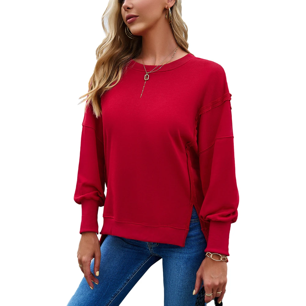 Women Long Sleeve Sweatshirt Crew Neck Split Hem Casual Oversized Pullover Fall Outfit Red L