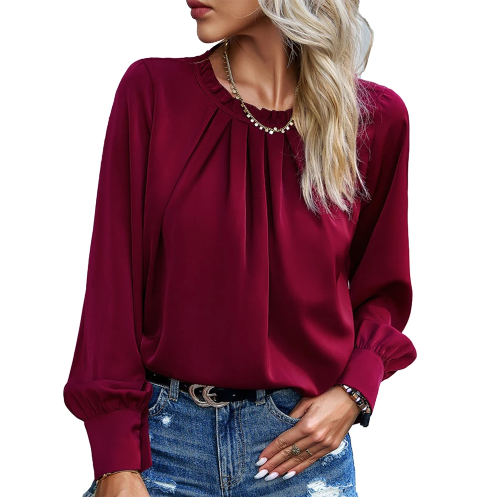 Women Ruffle Trim Neckline Shirt Long Sleeves Loose Fitting Casual Pleated Blouse for Daily Wear Wine Red XL