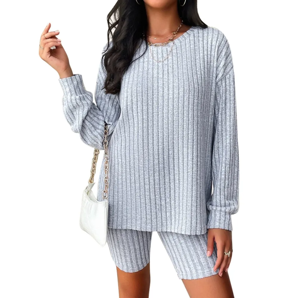 Women Long Sleeve Top Shorts Set Crew Neck Striped Two Piece Outfit Loungewear Set Grey L