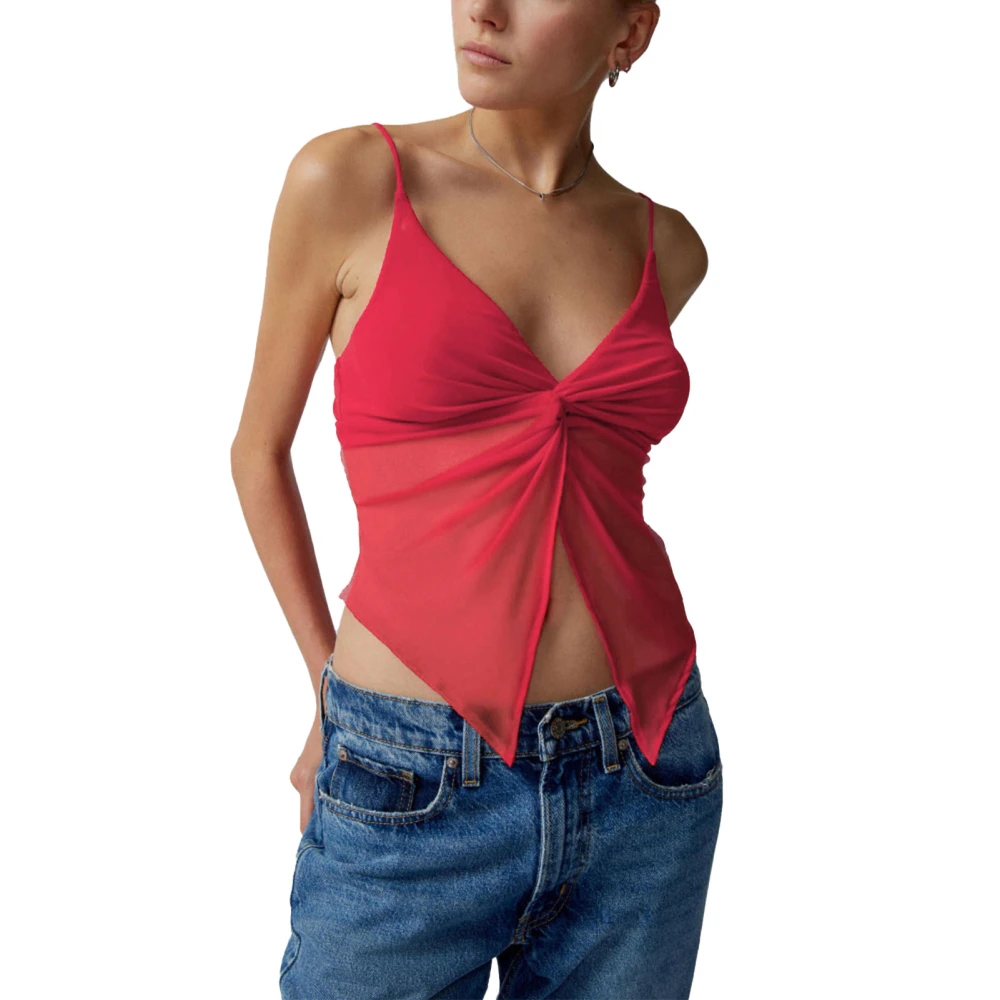 Women Slim Fit Twist Front Camisole Sheer Mesh V Neck Backless Spaghetti Strap Tank Top Red M