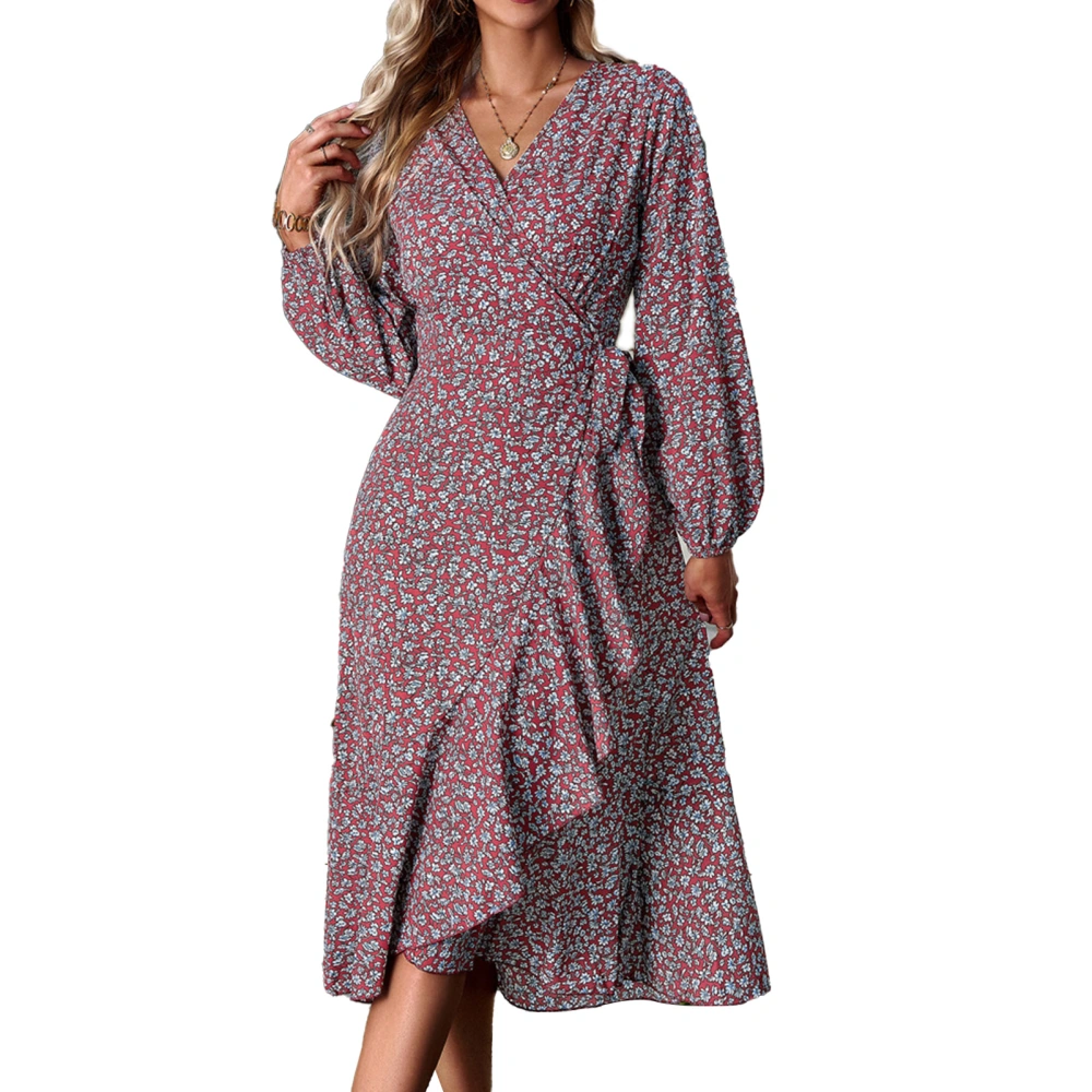 Women Ruffle Long Dress Floral Printed Casual Fitted Long Sleeve V Neck Irregular Cross Long Dress Red S