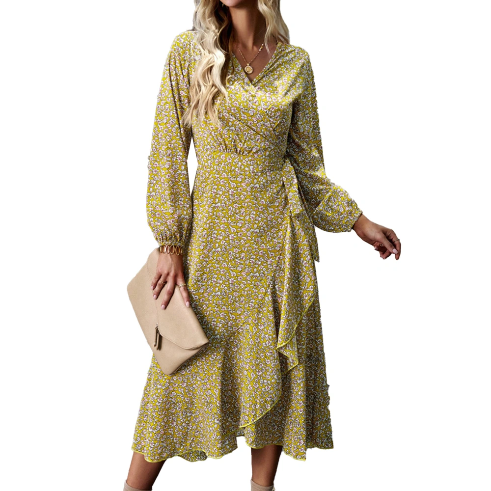 Women Ruffle Long Dress Floral Printed Casual Fitted Long Sleeve V Neck Irregular Cross Long Dress Yellow XL