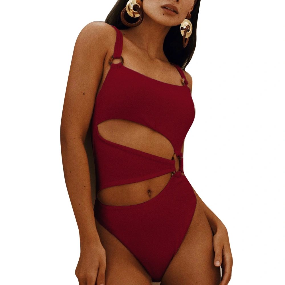 One Piece Swimsuit Hollow Out Lightweight Breathable Elastic Comfortable Decorative Button Women One Piece Swimdress for Party Burgundy M