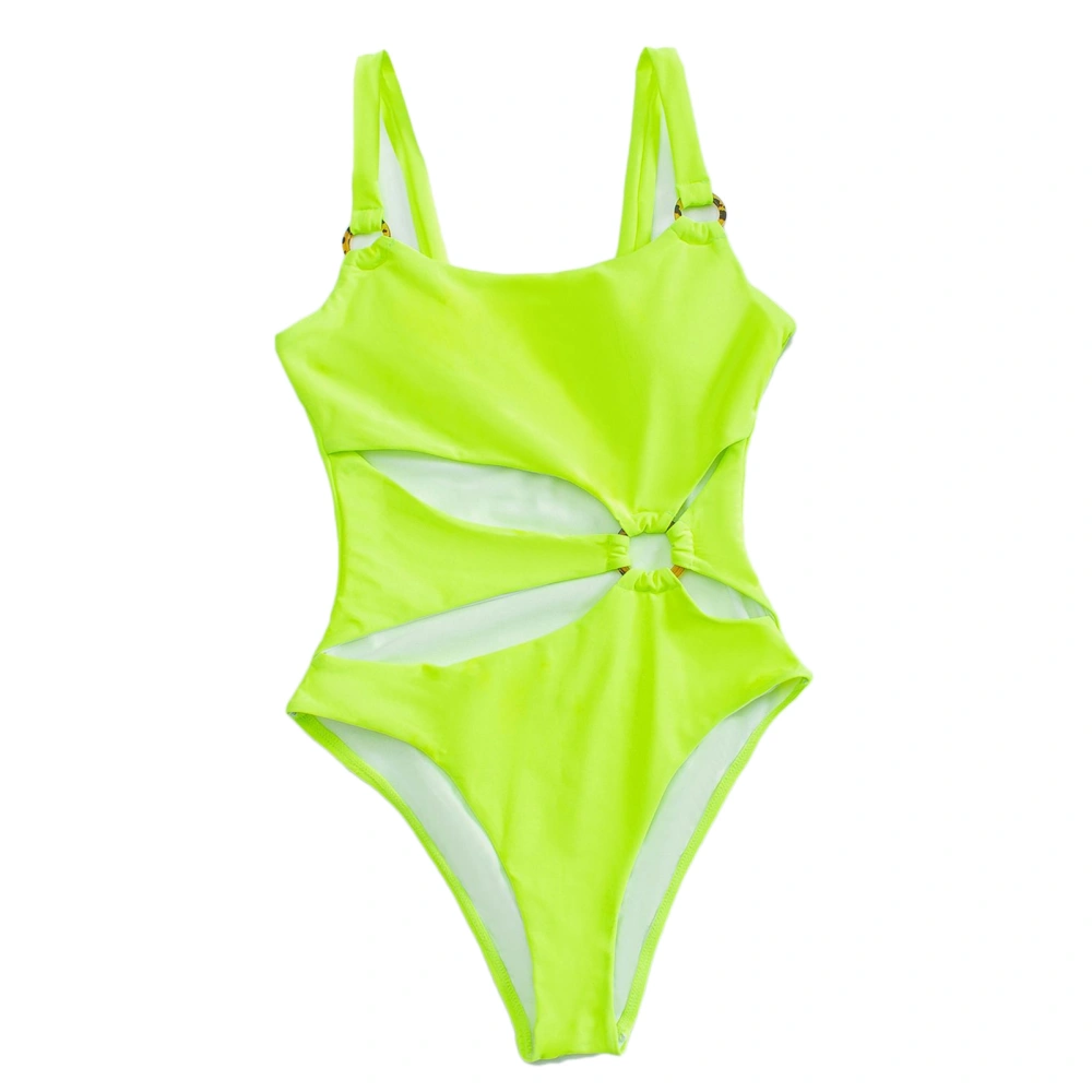 One Piece Swimsuit Hollow Out Lightweight Breathable Elastic Comfortable Decorative Button Women One Piece Swimdress for Party Fluorescent Green M