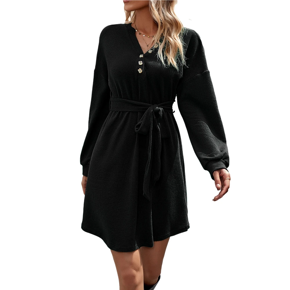 Women Dress V Neck Belted Waist Button Decoration Fashion Comfortable Loose Long Sleeve Dress for Dating Party Black L