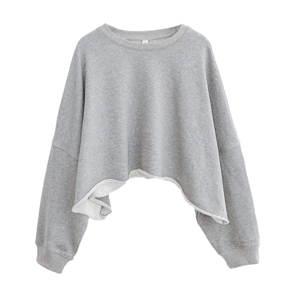 Women Long Sleeve Short Top Casual Round Neck Long Sleeve Short Top Loose Cotton Stylish Pullover Blouse Flower Grey Pure Color XL