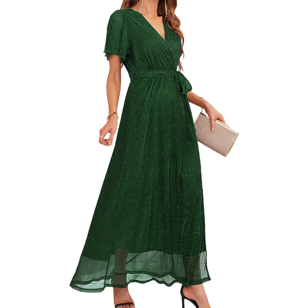 Women Long Dress V Neck Belted Waist Side Slit Design Fashion Comfortable Women Short Sleeve Dress for Dating Party Green XL