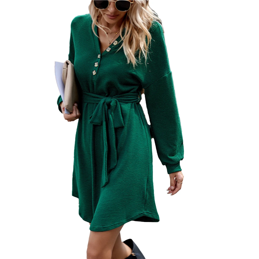 Women Dress V Neck Belted Waist Button Decoration Fashion Comfortable Loose Long Sleeve Dress for Dating Party Green L