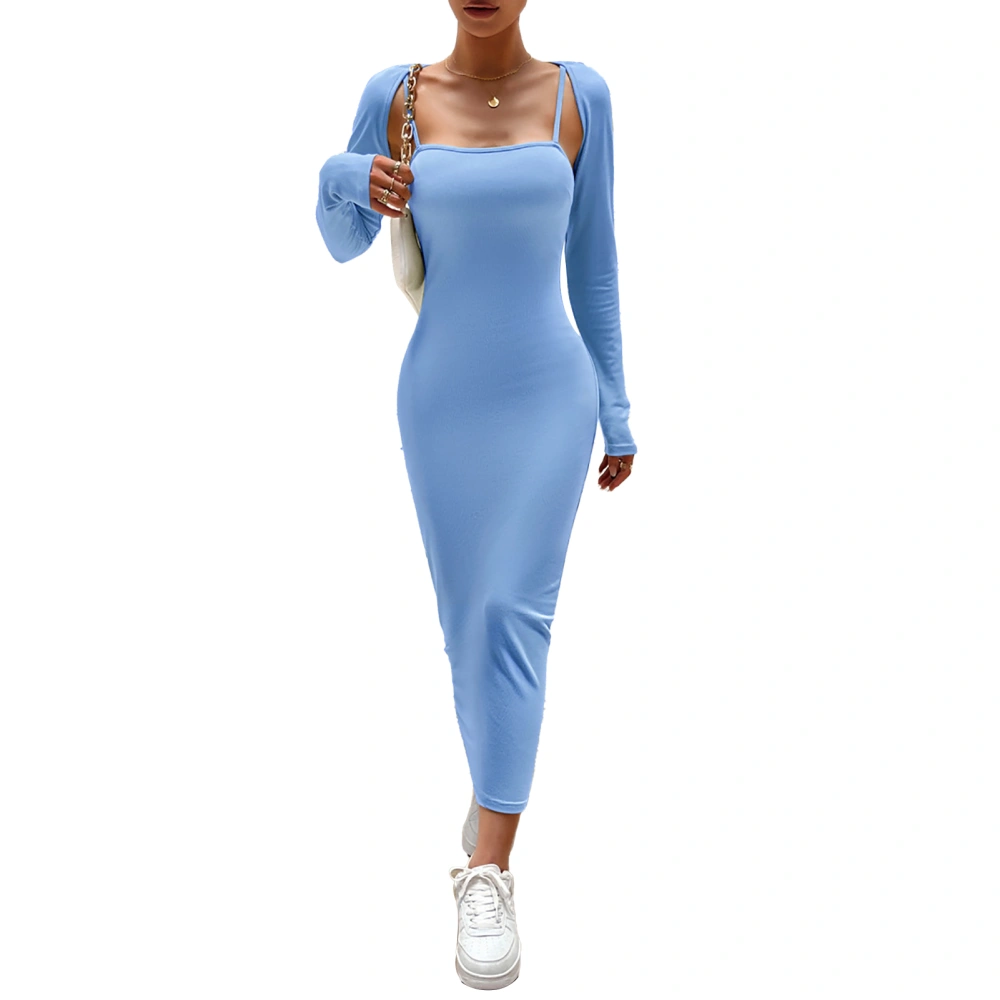 Long Slim Fit Dress Pure Color Sleeveless Casual Slip Long Dress with Long Sleeve Open Front Top Blue XL