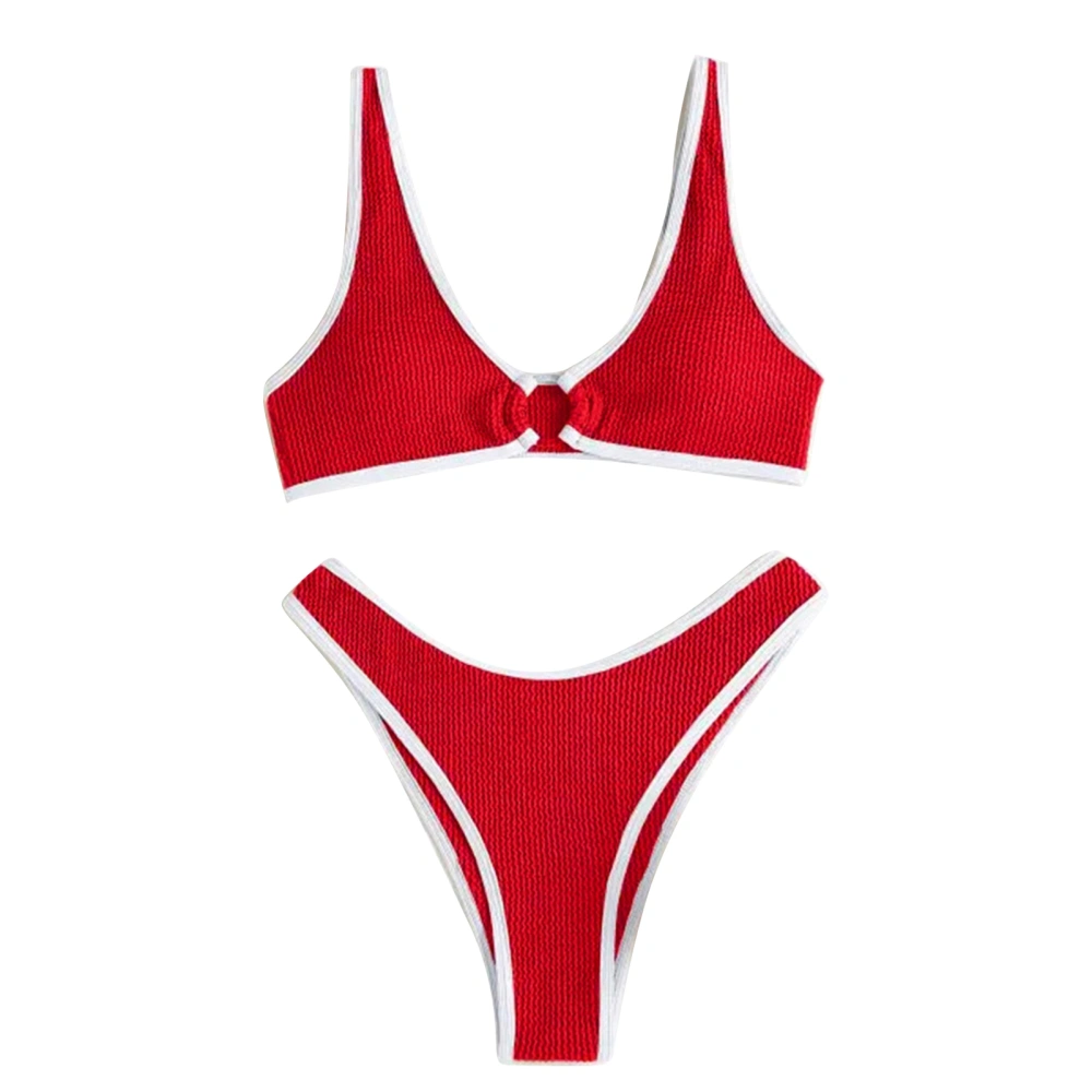 Women Split Swimsuit V Neck Two Piece Swimwear Fashion Bra and Briefs Set for Beach Swimming Pool Red S