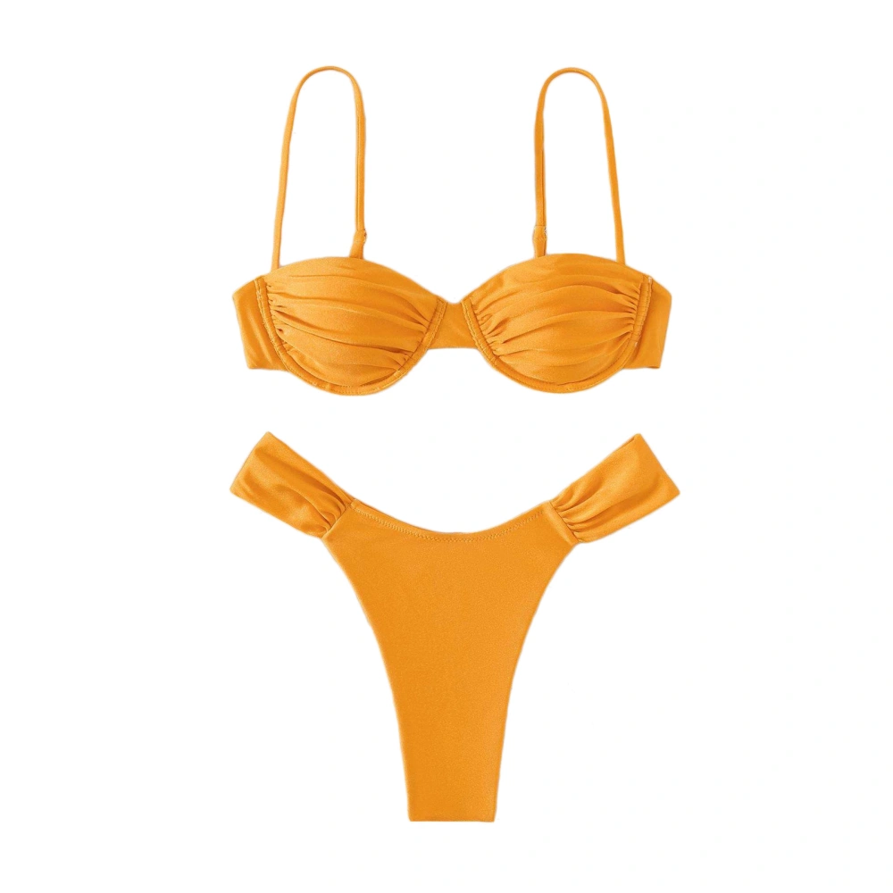 Women 2 Piece Bikini Set Solid Ruched Underwire Bikini Set Spaghetti Strap Top Bra Briefs Swimsuit Pure Color Bathing Suit Apricot Yellow M